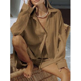 Fixmatti Women 2 Piece Outfits Long Sleeve Button Down Blouse and Shorts Sweatsuit Sets, Brown, Small
