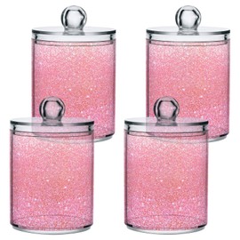 Sparkly Pink Glitter Qtip Dispenser Apothecary Jars Unicorn Galaxy Bathroom Qtip Holder Storage Canister Plastic Jar 10 Oz for Cotton Ball Swab Round Pads Floss 4pcs