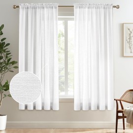 Melodieux White Semi Sheer Curtains 63 Inch Length for Bedroom Living Room, Farmhouse Linen Texture Light Filtering Home Office Shiny Sheer Drapes Rod Pocket, 52" W x 63" L, 2 Panels