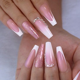 Leuhiove 24 Pcs Bling Long French Tip Press on Nails Pink Fake Nails with Rhinestone Full Cover Acrylic Glue on Nails Design Coffin False Nails for Women and Girls