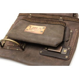 USA Pro Tools Oil Tanned Leather Tool and Nail Pouch |10 Pockets with Hammer and Tape Measure Holder Brown