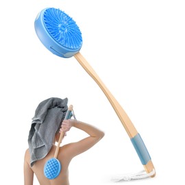 AmazerBath Silicone Body Scrubber with Long Wooden Handle, Dual-Sided Silicone Loofah for Shower, Super-Exfoliating Body Scrubber and Super-Lathering Shower Brush Combination, Blue