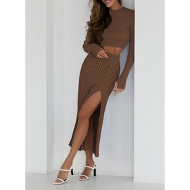 Pink Queen 2 Piece Skirt Sets for Women Sweater Outfits Crop Top Bodycon Knit Winter Going Out Maxi Dresses Khaki M