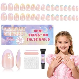 Kit de uñas postizas Qiek de 16 tamaños para niñas: 32 puntas de uñas postizas francesas almendradas para niñas de 8 a 12 años con adhesivos de uñas d