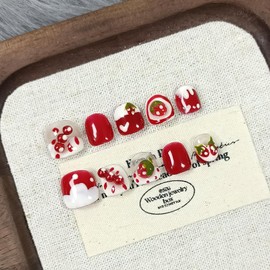 TENPAL Handmade Press on Nails for 3-12 Year Olds Girls,Resuable Gel Fake Nails with Tools for Children,Cute Nails with Lovely Strawberry Designs,Short Nails for Girls Kids Nail Art 10pcs Size(XS)