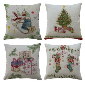 Hangood Christmas Cushion Covers Set of 4 pcs XMAS Design Home Decoration Throw Pillow Case Cover 16x16 inches 40cm x 40cm Vintae Snowman Tree