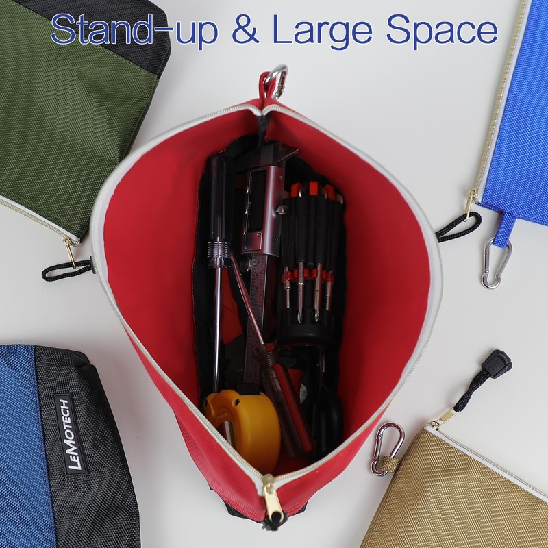 LeMotech Zipper Tool Bag, Stand-Up Tool Pouch with Carabiners,Utility Bag,Water