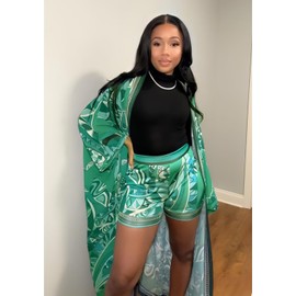 QegarTop Shorts Sets Women 2 Piece Outfits Dressy Two peice Vacation Flowy Kimono Chiffon Cardigan Green XL