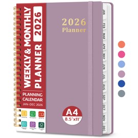 2026 Planner, Weekly and Monthly Planner, January 2026 - December 2026, Hardcover 2026 Calendar Planner Book with Tabs For Women & Men, Inner Pocket, Spiral Bound, Perfect for Office Home School Supplies - A4 (8.5" x 11"), Boho Purple