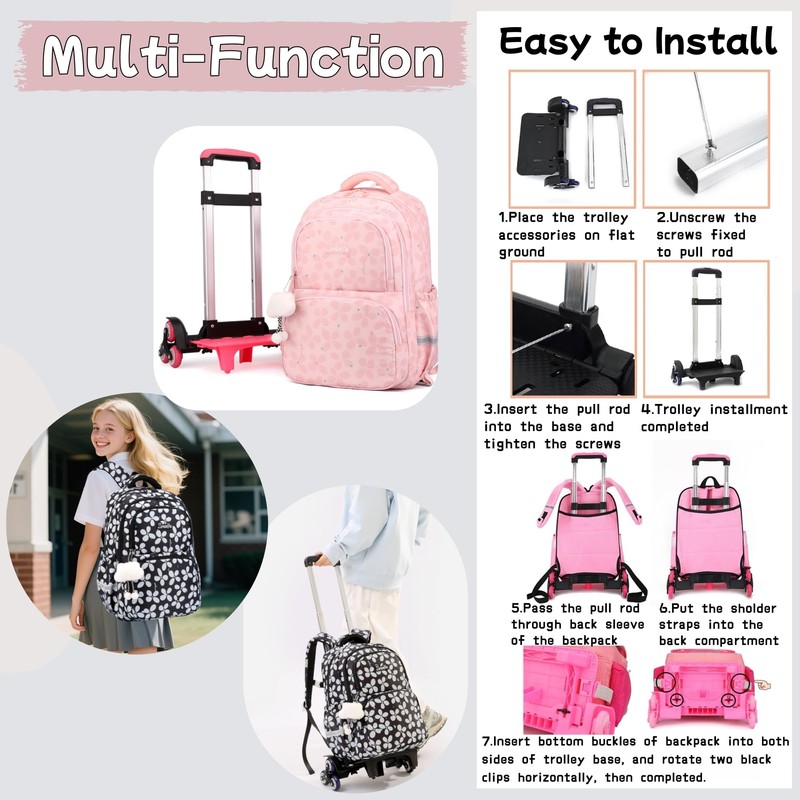 Bansusu 3Pcs Kids Rolling Backpack for Girls with Lunch Bag,