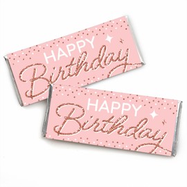 Big Dot of Happiness Pink Rose Gold Birthday - Candy Bar Wrapper Happy Birthday Party Favors - Set of 24