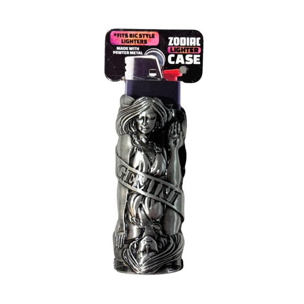 Gemini Zodiac Sign Pewter Metal Lighter Case, Fits Standard BIC