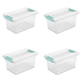 Sterilite Medium Clip Box, Stackable Small Storage Bin with Latching Lid, Plastic Container to Organize Office, Crafts, Clear Base and Lid, 4-Pack