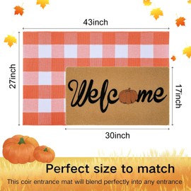 2 Pcs Fall Door Mat Combo Set, Coir Welcome Doormat + 43'' x 28'' Orange and White Plaid Rug, Pumpkin Fall Outdoor Rug for Thanksgiving Front Porch Entryway Floor Indoor Outdoors Autumn Decor