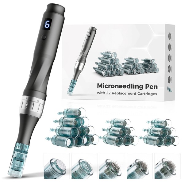 Berber's Treat Professional Wireless Microneedling Pen - with 22 Replacement Cartridges, Adjustable Micro Needling Pen for Home Use, 4pcs 16pin+4pcs 26pin+6pcs 36pin+6pcs 42pin+2pcs Nano.(Gray)