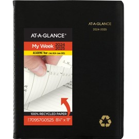AT-A-GLANCE Planner 2024-2025 Academic, Weekly & Monthly, Quarter-Hourly Appointment Book, 8-1/4" x 11", Large, Monthly Tabs, Flexible Cover, Recycled, Black (70957G05)