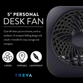 Treva 5 Inch Battery Powered Fan Portable Desk Fan 2 Cooling Speeds with Compact Folding & Tilt Design Cubicle Accessories Small Portable 2 Pack (Black)