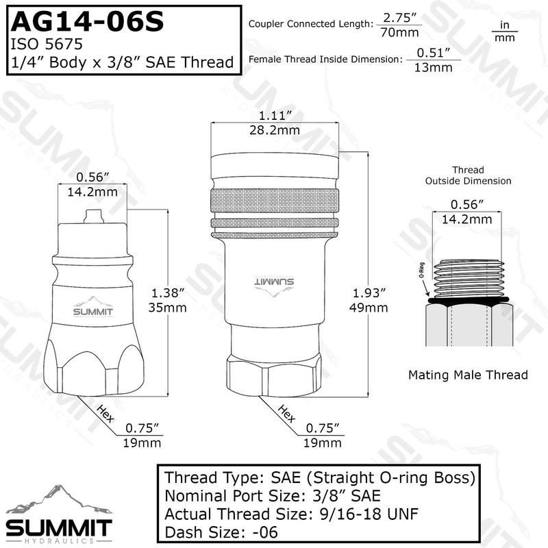 1/4” Ag ISO 5675 Hydraulic Quick Connect Coupler Set, 3/8"