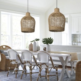 Arturesthome Rattan Pendant Light Woven Chandelier Handwoven Boho Coastal Pendant Lighting Rattan Basket Ceiling Hanging Light for Dining Room Living Room D 11.8″* 15.7″