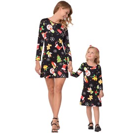 Fymnsi Christmas Mother Daughter Dress, Partner Look, Long Sleeves, Christmas Dress, Mini Dress, Santa Snowman Print, A-line Party Dress, Mum and Baby Matching Family Clothing, Evening Dress, for Women and Girls - Snowman, size: l
