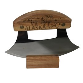 The Ulu Factory Alaska Birch Ulu Knife 6" Stainless Steel Blade with Block Wood Stand Caribou