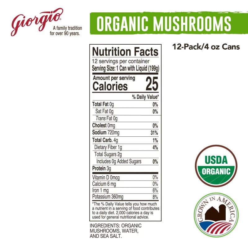 Giorgio Organic Mushrooms 4 oz (Pack of 12) Fresh Canned
