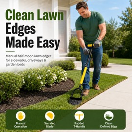 Manual Half-Moon Lawn Edger with Serrated Steel Blade – 42-Inch T-Handle Garden Edging Tool for Lawns, Sidewalks & Garden Beds