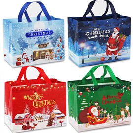 4 Pack Christmas Bags, Reusable Grocery Bag Tote Bag Gift with Handle Gift Present Bag Shopping Bag for Holiday Xmas Event Party