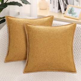 decorUhome Set of 2 Linen Cushion Covers 40X40cm,Decorative Outdoor Plain Vintage Cushion Covers with Stitched Edges, Square Farmhouse Neutral Pillow case 16x16 Inch for Sofa, Bronze Gold