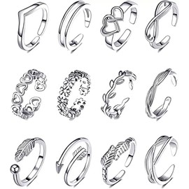 12Pcs Silver Rings Set for Women Adjustable Stackable Rings set for Girls Heart Leaf Rings Set