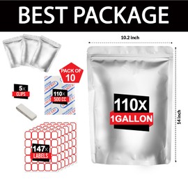 110 PCS 1 Gallon Mylar Bags with 500cc x110 Oxygen Absorbers - 147 Labels & 10 MIL Thick Stand-Up Reusable Airtight Resealable Bags, Large Mylar Bags for food storage with 5 Clips