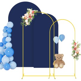 Metal Arch Backdrop Stand and Cover Set 6FT 7.2FT Gold Arches for Backdrop with Navy Blue Arch Covers Stretchy Backdrop Set of 2 Wedding Arch Backdrop Stand for Bridal Baby Shower Graduation Decor