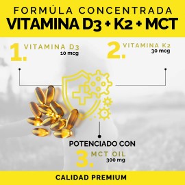 Vitamina D3 + K2 Con Mct Oil Vitamina D3 400 Ui 120 Softgels de Alta Absorcion Sin Sabor