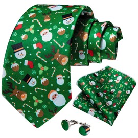 DiBanGu Green Christmas Ties for Men Silk Necktie and Pocket Square Set with Cufflinks Holiday Theme