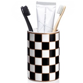 Checkered Bathroom Toothbrush Holder, Bathroom Black and White Ceramic Toothbrush Holder, Modern Toothbrush Box, Used for Bathroom countertop Storage Rack, Checkered Bathroom Decoration (Black)