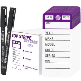 Top Stripe Key Tags 250 Pcs with 250 Rings & 2 Black Markers - Purple | Car Dearlership Vinyl Poly Key Tags, Heavy Duty Plastic Key Tags, Write On Car Key Tags Tear Proof