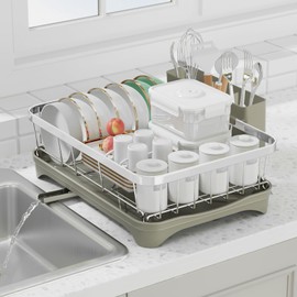 HOMEBOSILY Dish Drying Rack - 304 Stainless Steel Dish Rack, Adjustable Spout Auto-Draining Dish Drainers for Kitchen Counter, Large Capacity for Bowls, Cups, Dish Drainer with Drainboard Grey