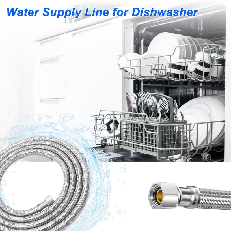 10FT Stainless Steel Braided Dishwasher Water Supply Line, 3/8" Compression