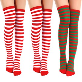 SATINIOR 3 Pairs Christmas Long Striped Knee High Socks Elf Thigh High Stockings for Women Girls Christmas Costume Party Dress up Stockings, Red Green, Green White, Red White