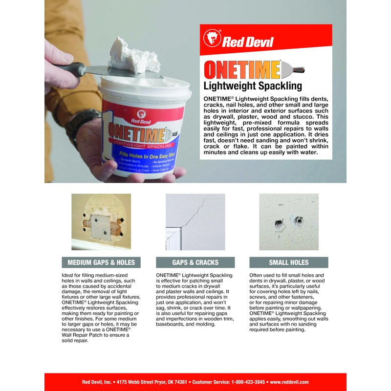 Red Devil 0549 ONETIME Lightweight Spackling Patch-A-Wall Kit, 1/2 Pint,