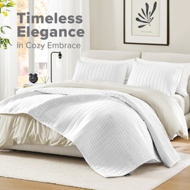 Comfort Spaces White Oversized King Quilt Set 120"x118" Bedspread Quilted Summer Lightweight Microfiber Bedding Coverlet with Double Sided Stitching Soft All Season Cozy 3 Piece with Matching Shams