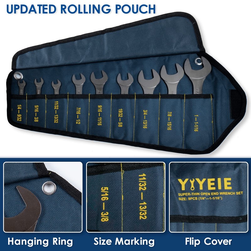 YIYEIE 9Pc. Super Thin Wrench Set, SAE 1/4" to 1-1/16",