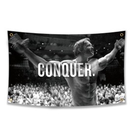 Arnold Schwarzenegger Conquer Motivational Inspirational Office Gym Wall Decor Flag Banner，3x5 Feet Flag Funny Poster Durable Man Cave Wall Flag with Brass Grommets This beautiful entertaining banner flag for College Dorm Room Decor,Outdoor,Parties gifts