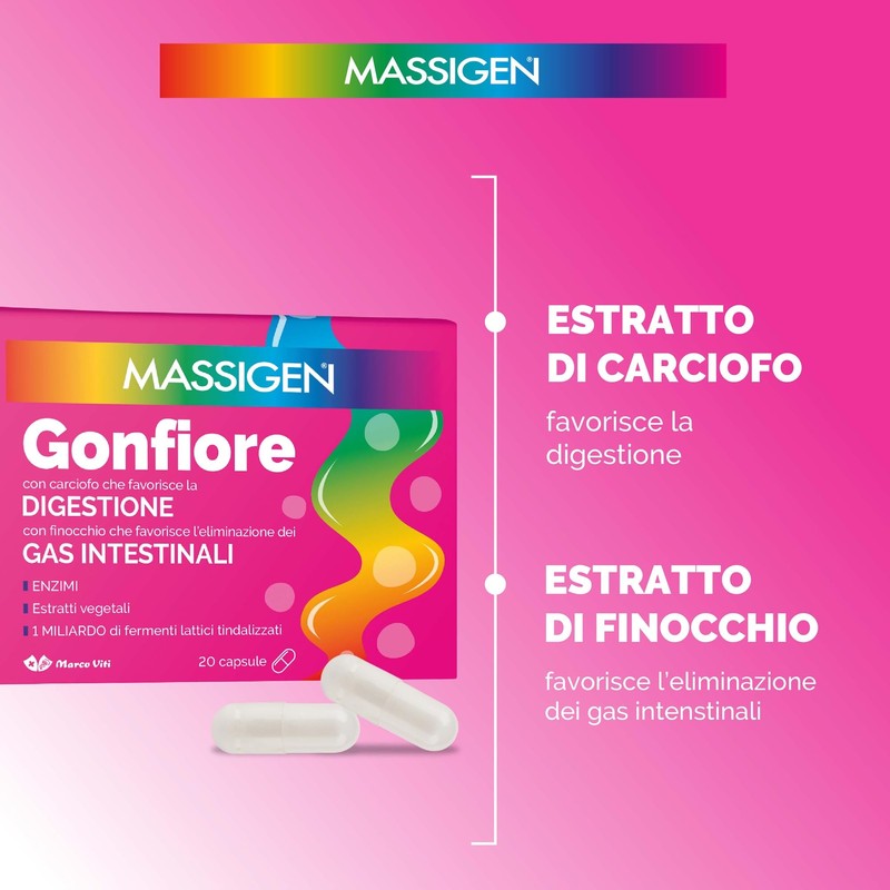 Massigen - Gonfiore, 2 Confezioni da 20 Capsule,Integratore Con Estratto