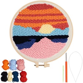 SOFPLATE Yarn Punch Needle Set Punch Needle Embroidery Sets with Wooden Frame Tray Sewing Pinch Yarns Stamped Embroidery Cloth Scape Pattern Set for Adults and Beginners Making Garments Cushions