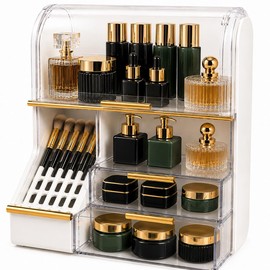 Organizador de Maquillaje Premium Acrílico con Tapa Abatible, Cajones Deslizables y Compartimentos, Blanco con Acabados Dorados, 30x19x36.5 cm        