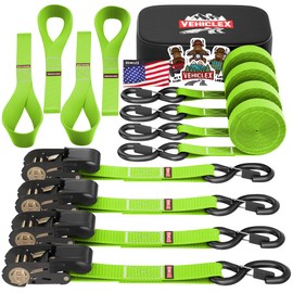 Ratchet Tie-Down Straps Set - (1" x 15', 2200lbs Breaking Strength) - Vehiclex Soft Loops, Coated S-Hooks, Storage Bag for ATV, Motorcycle, Bicycle, Kayak, Cargo Securing, Green