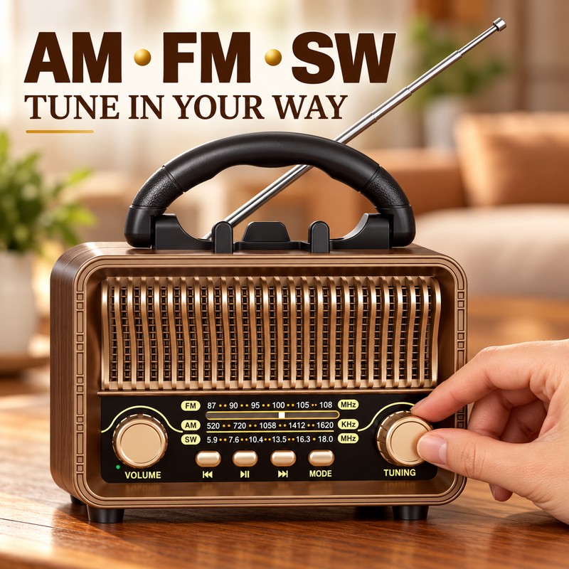 Retro Portable AM/FM/SW Radio with Bluetooth, AUX, TF Card, USB-C