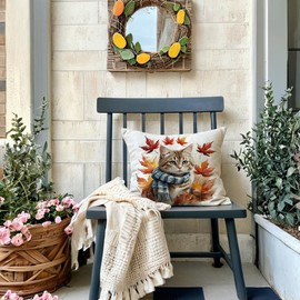 7COLORROOM Fall Autumn Throw Pillow Covers 18x18 Inch Watercolor Cat Maple Leaf Cushion Cases,Farmhouse Seasonal Thanksgiving Harvest Pillowcase 1Pack for Sofa Couch Patio (Red, 18" x 18")