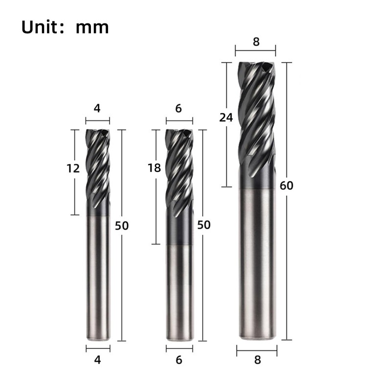 3pcs 4mm 6mm 8mm Carbide Square End Mill 4 Flutes